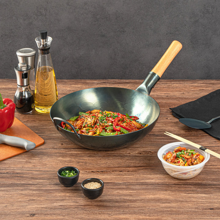 Restaurantware Motomori 12 Inch Pre-Seasoned Fry Pan, Carbon Steel, Blue, Flat Bottom, Hammered Finish, Wood Handle - Restaurant Equipment and Smallwares - Canadian Distribution - Ships Free Within Canada on Orders Above CAD $199