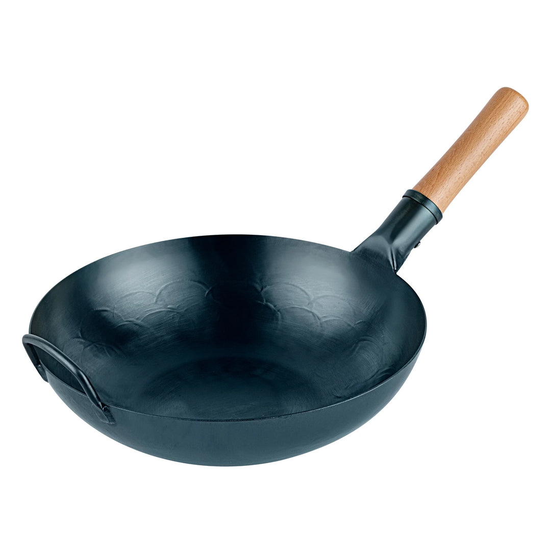 Restaurantware Motomori 12 Inch Pre-Seasoned Fry Pan, Carbon Steel, Blue, Flat Bottom, Hammered Finish, Wood Handle - Restaurant Equipment and Smallwares - Canadian Distribution