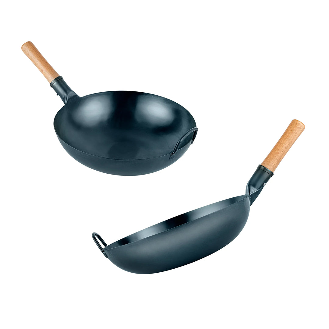 Restaurantware Motomori 14 Inch Pre-Seasoned Fry Pan, Carbon Steel, Blue, Flat Bottom, Hammered Finish, Wood Handle - Restaurant Equipment and Smallwares - Canadian Distribution - Ships Free Within Canada on Orders Above CAD $199