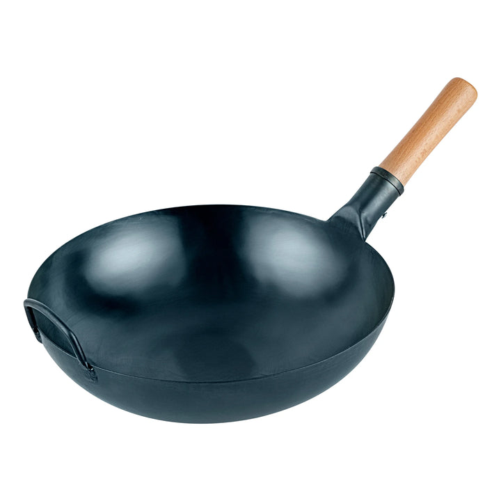Restaurantware Motomori 14 Inch Pre-Seasoned Fry Pan, Carbon Steel, Blue, Flat Bottom, Hammered Finish, Wood Handle - Restaurant Equipment and Smallwares - Canadian Distribution