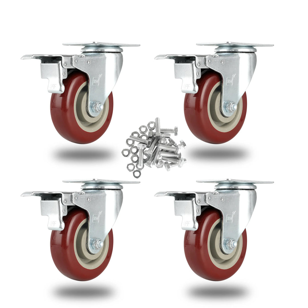 Restaurantware RW Hardware 4 Inch Swivel Plate Casters, Red, includes Breaks & Mounting Hardware - Restaurant Equipment and Smallwares - Canadian Distribution - Ships Free Within Canada on Orders Above CAD $199