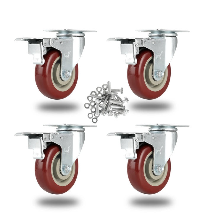 Restaurantware RW Hardware 4 Inch Swivel Plate Casters, Red, includes Breaks & Mounting Hardware - Restaurant Equipment and Smallwares - Canadian Distribution - Ships Free Within Canada on Orders Above CAD $199