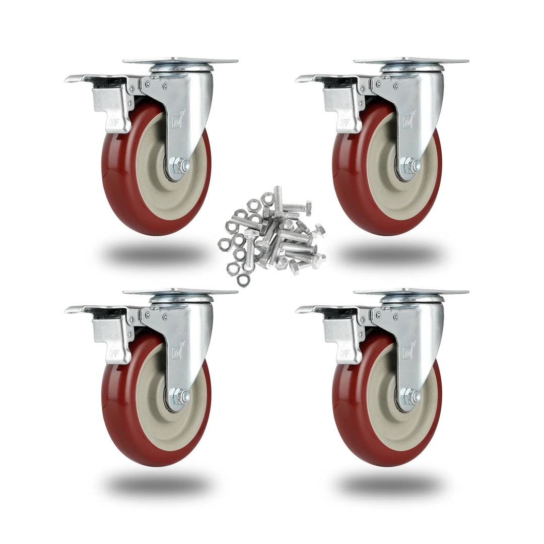 Restaurantware RW Hardware 5 Inch Swivel Plate Casters, Red, includes Breaks & Mounting Hardware - Restaurant Equipment and Smallwares - Canadian Distribution - Ships Free Within Canada on Orders Above CAD $199