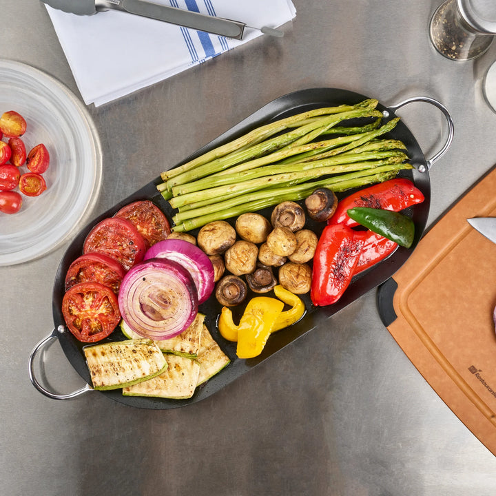 Restaurantware Met Lux 17 x 8.75 Inch Non-Stick Double-Burner Griddles, Chrome Handles, Carbon Steel, Black, Oval - Restaurant Equipment and Smallwares - Canadian Distribution - Ships Free Within Canada on Orders Above CAD $199