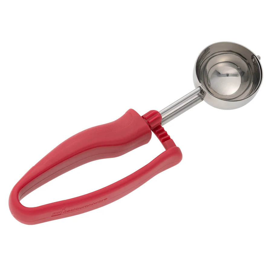 Restaurantware 1.75oz Stainless Steel #24 Portion Scoop, Ambidextrous Comfy Grip, With Red Handle - Restaurant Equipment and Smallwares - Canadian Distribution