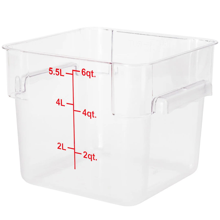 Restaurantware Met Lux 6qt Clear Plastic Food Storage Container, Square, with Red Volume Markers, 9 x 9 x 7.50In - Restaurant Equipment and Smallwares - Canadian Distribution
