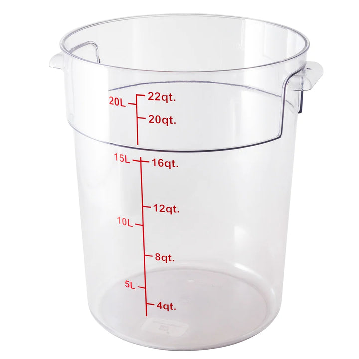 Restaurantware Met Lux 22qt Clear Plastic Food Storage Container, Round, with Red Volume Markers, 12.50 x 12.50 x 15In - Restaurant Equipment and Smallwares - Canadian Distribution