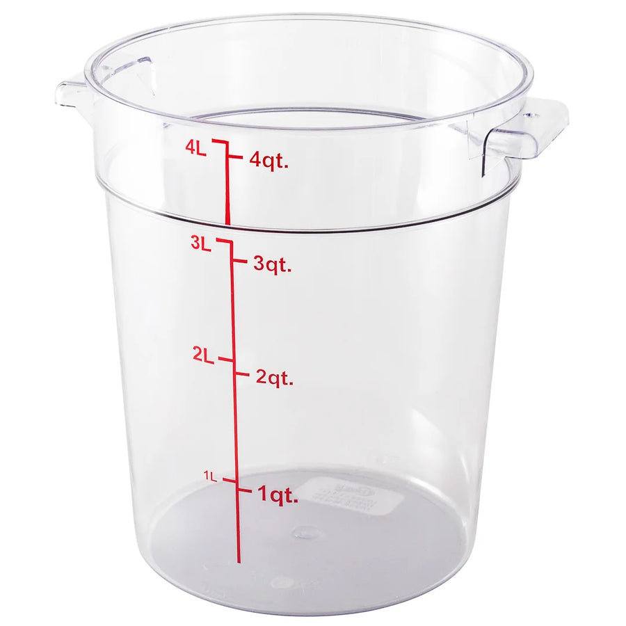 Restaurantware Met Lux 4qt Clear Plastic Food Storage Container, Round, with Red Volume Markers, 7 x 7 x 8.50In - Restaurant Equipment and Smallwares - Canadian Distribution