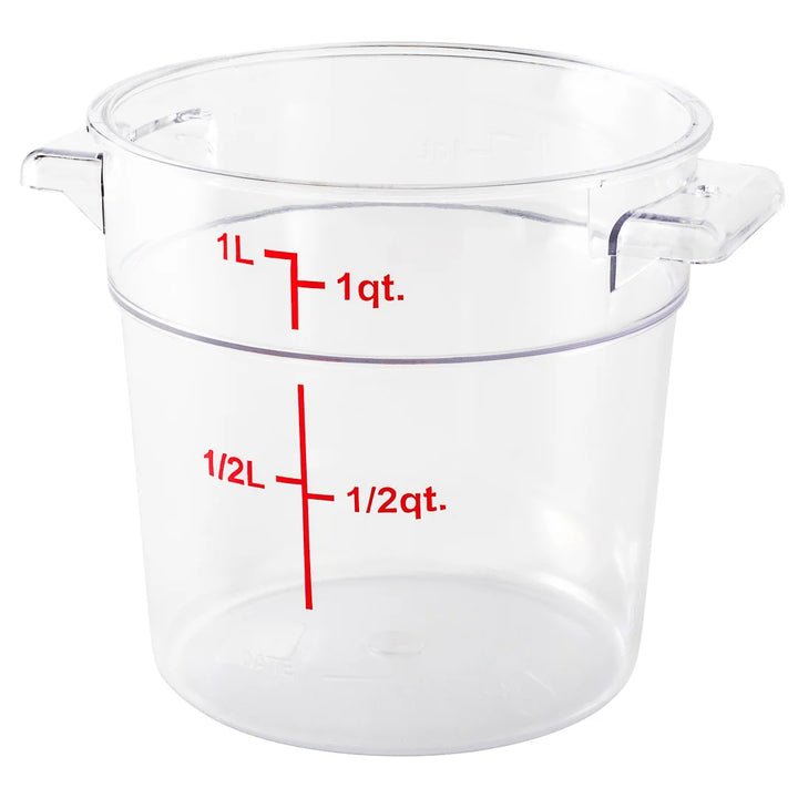 Restaurantware Met Lux 1qt Clear Plastic Food Storage Container, Round, with Red Volume Markers, 5 x 5 x 4.75In - Restaurant Equipment and Smallwares - Canadian Distribution