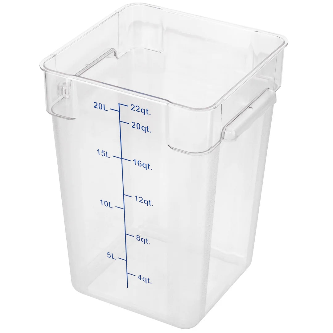 Restaurantware Met Lux 22qt Clear Plastic Food Storage Container, Square, with Blue Volume Markers, 11 x 11 x 15.75In - Restaurant Equipment and Smallwares - Canadian Distribution