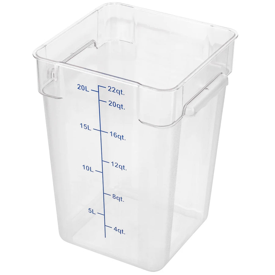 Restaurantware Met Lux 22qt Clear Plastic Food Storage Container, Square, with Blue Volume Markers, 11 x 11 x 15.75In - Restaurant Equipment and Smallwares - Canadian Distribution