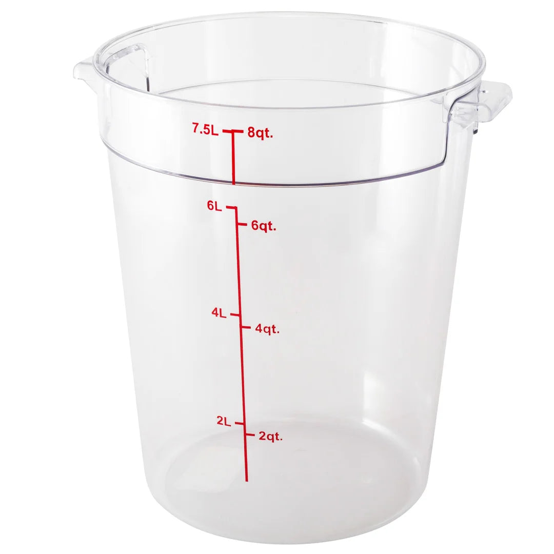 Restaurantware Met Lux 8qt Clear Plastic Food Storage Container, Round, with Red Volume Markers, 8.75 x 8.75 x 10.50In - Restaurant Equipment and Smallwares - Canadian Distribution