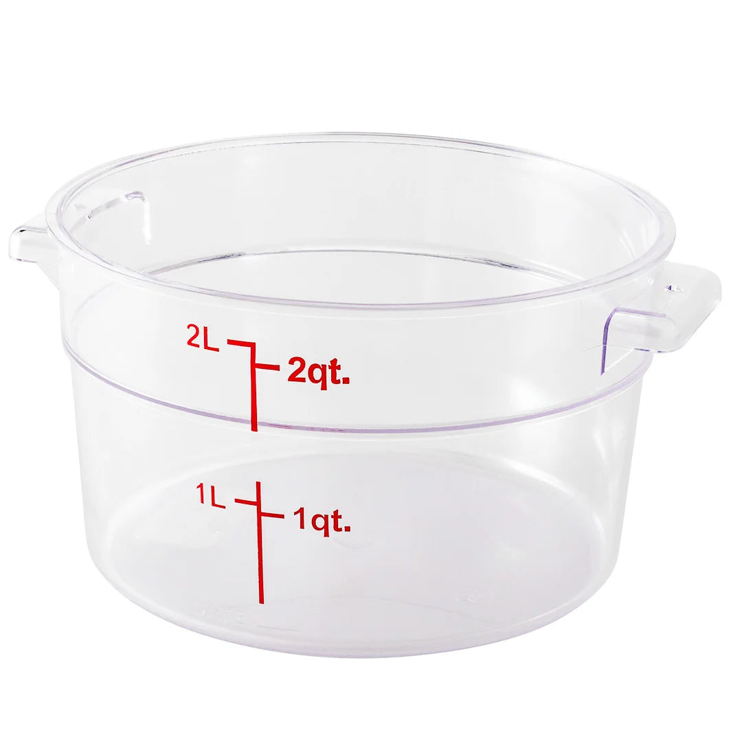 Restaurantware Met Lux 2qt Clear Plastic Food Storage Container, Round, with Red Volume Markers, 7 x 7 x 4.25In - Restaurant Equipment and Smallwares - Canadian Distribution