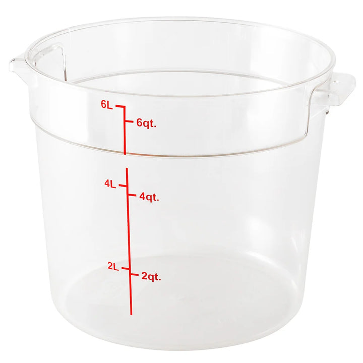 Restaurantware Met Lux 6qt Clear Plastic Food Storage Container, Round, with Red Volume Markers, 8.75 x 8.75 x 7.75In - Restaurant Equipment and Smallwares - Canadian Distribution
