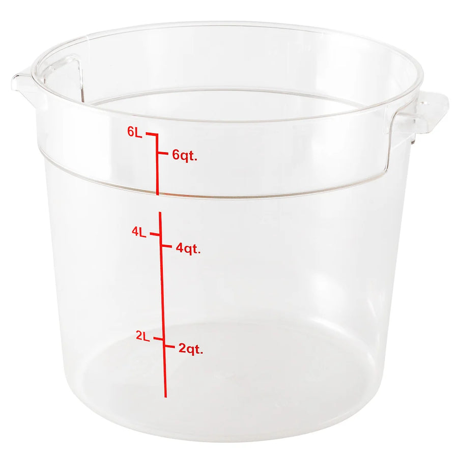 Restaurantware Met Lux 6qt Clear Plastic Food Storage Container, Round, with Red Volume Markers, 8.75 x 8.75 x 7.75In - Restaurant Equipment and Smallwares - Canadian Distribution