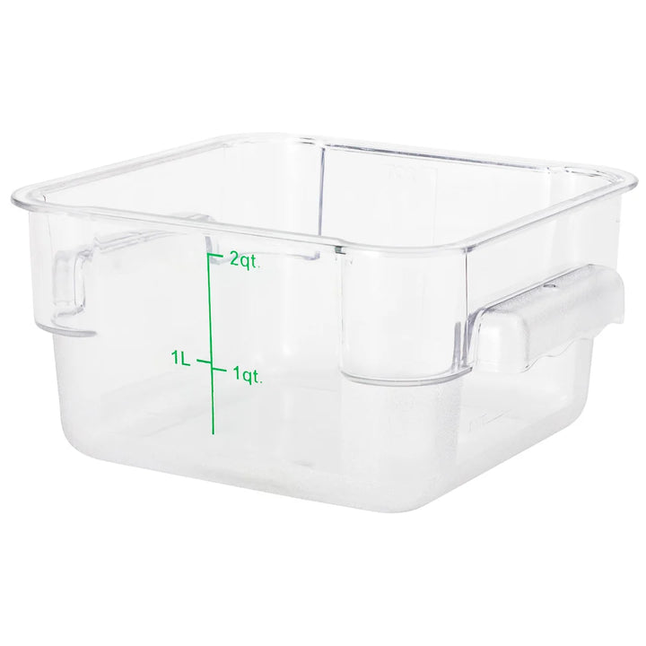 Restaurantware Met Lux 2qt Clear Plastic Food Storage Container, Square, with Green Volume Markers, 7 x 7 x 4In - Restaurant Equipment and Smallwares - Canadian Distribution
