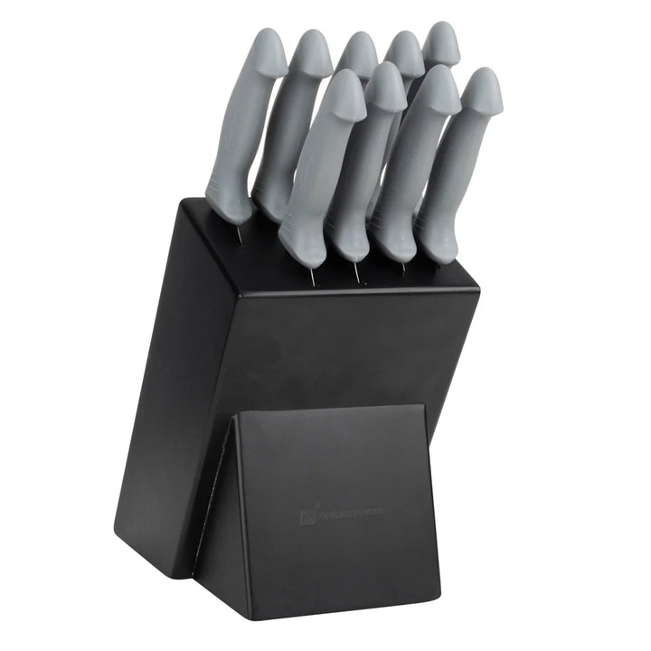 Restaurantware Comfy Grip Gray Stainless Steel Knife Set, 9-Piece, With Holder - Restaurant Equipment and Smallwares - Canadian Distribution