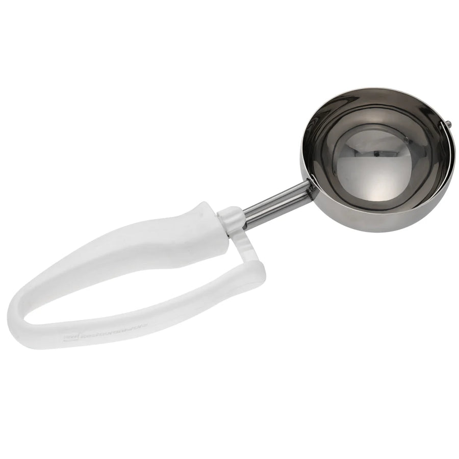 Restaurantware 4.66oz Stainless Steel #6 Portion Scoop, Ambidextrous Comfy Grip, With White Handle - Restaurant Equipment and Smallwares - Canadian Distribution