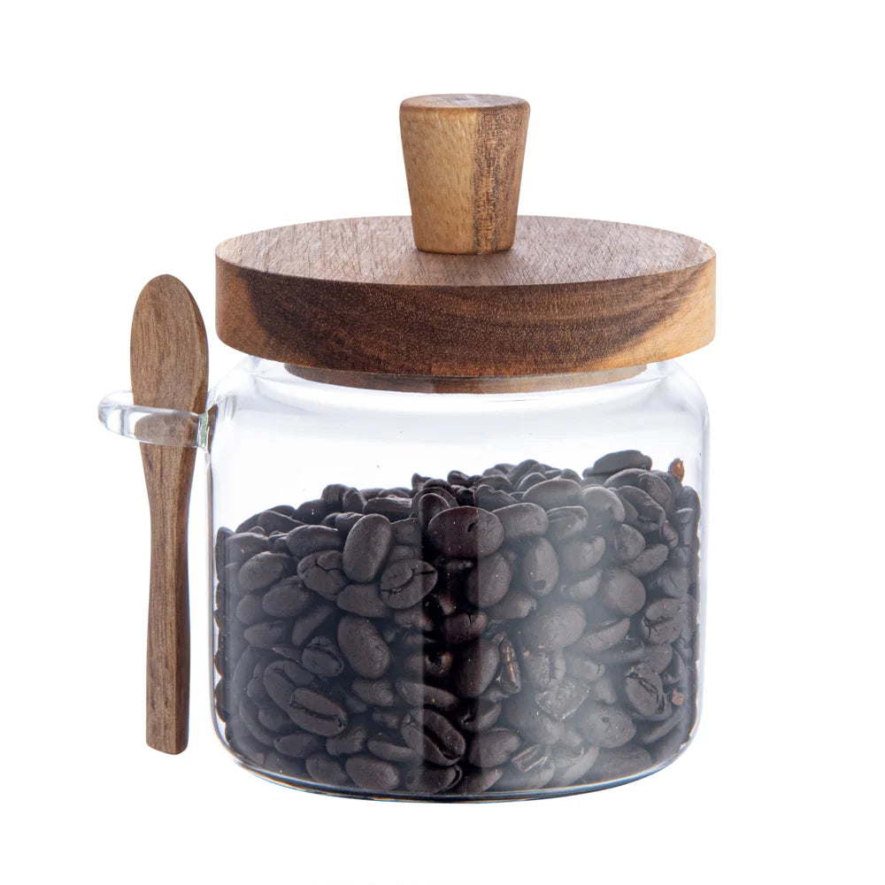 Restaurantware 17oz Glass Vetri Storage Jar, 3.25X3.25X5In, With Acacia Lid & Spoon - 1 Unit/Case - Restaurant Equipment and Smallwares - Canadian Distribution - Ships Free Within Canada on Orders Above CAD $199