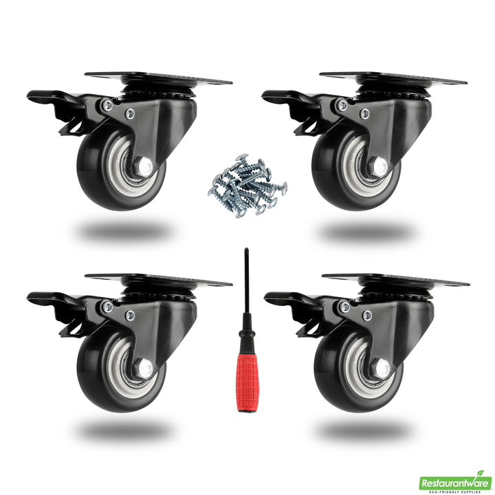 Restaurantware RW Hardware 2 Inch Swivel Plate Casters, Black, includes Breaks & Mounting Hardware - Restaurant Equipment and Smallwares - Canadian Distribution - Ships Free Within Canada on Orders Above CAD $199
