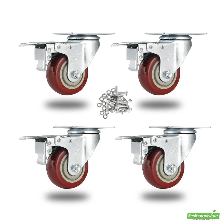 Restaurantware RW Hardware 3 Inch Swivel Plate Casters, Red, includes Breaks & Mounting Hardware - Restaurant Equipment and Smallwares - Canadian Distribution - Ships Free Within Canada on Orders Above CAD $199