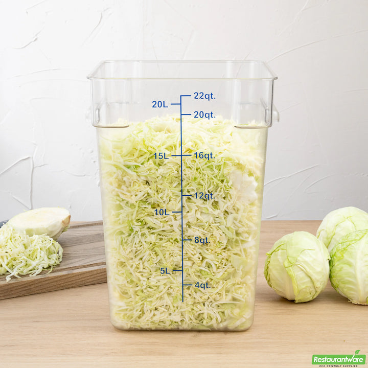 Restaurantware Met Lux 22Qt Clear Plastic Square Food Storage Containers, With Blue Volume Marker, 11X11X15.75In - Restaurant Equipment and Smallwares - Canadian Distribution - Ships Free Within Canada on Orders Above CAD $199