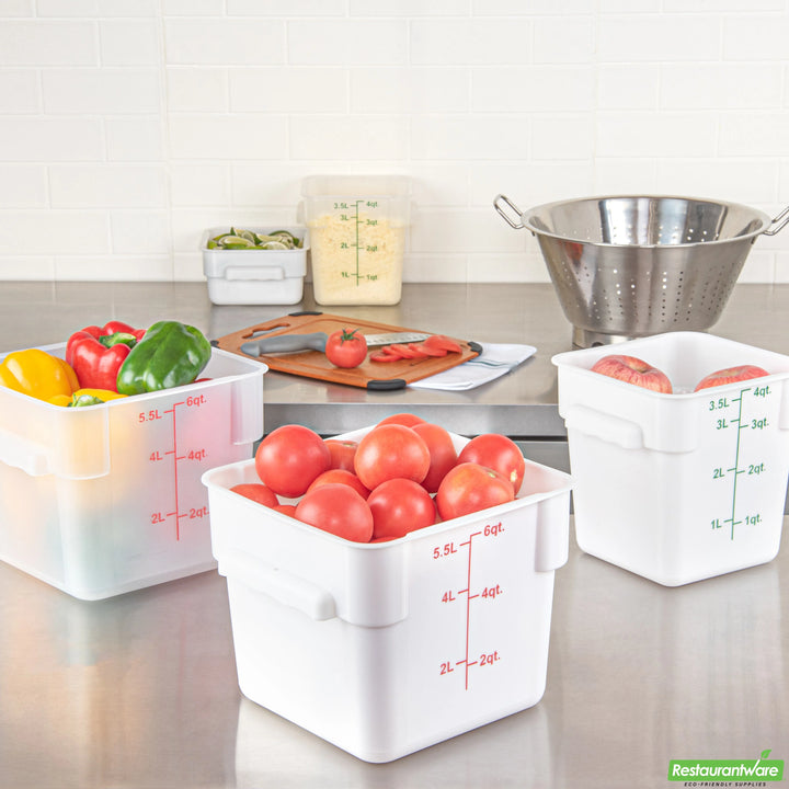 Restaurantware Met Lux 6 Quart Square Food Storage Containers, White, 9 x 9 x 7.50 Inch, with Red Volume Markers - Restaurant Equipment and Smallwares - Canadian Distribution - Ships Free Within Canada on Orders Above CAD $199