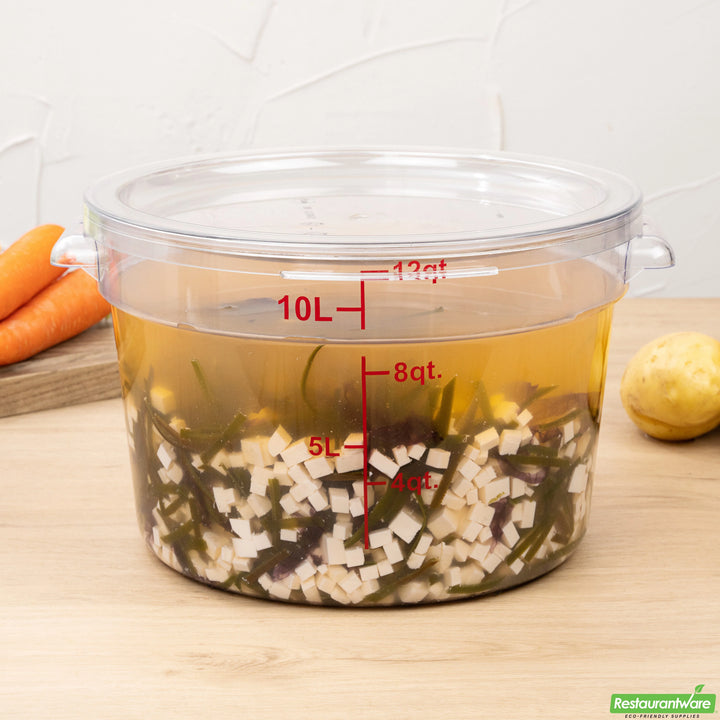 Restaurantware Met Lux 12Qt Clear Plastic Round Food Storage Containers, With Red Volume Marker, 12.25X12.25X8In - 10 Units/Case - Restaurant Equipment and Smallwares - Canadian Distribution - Ships Free Within Canada on Orders Above CAD $199