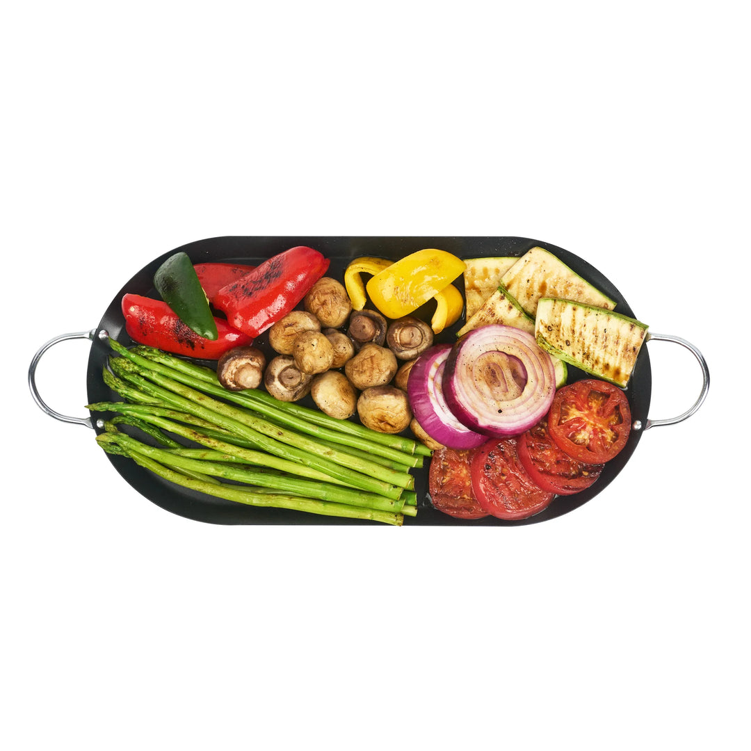Restaurantware Met Lux 17 x 8.75 Inch Non-Stick Double-Burner Griddle, Chrome Handles, Carbon Steel, Black, Oval - Restaurant Equipment and Smallwares - Canadian Distribution - Ships Free Within Canada on Orders Above CAD $199