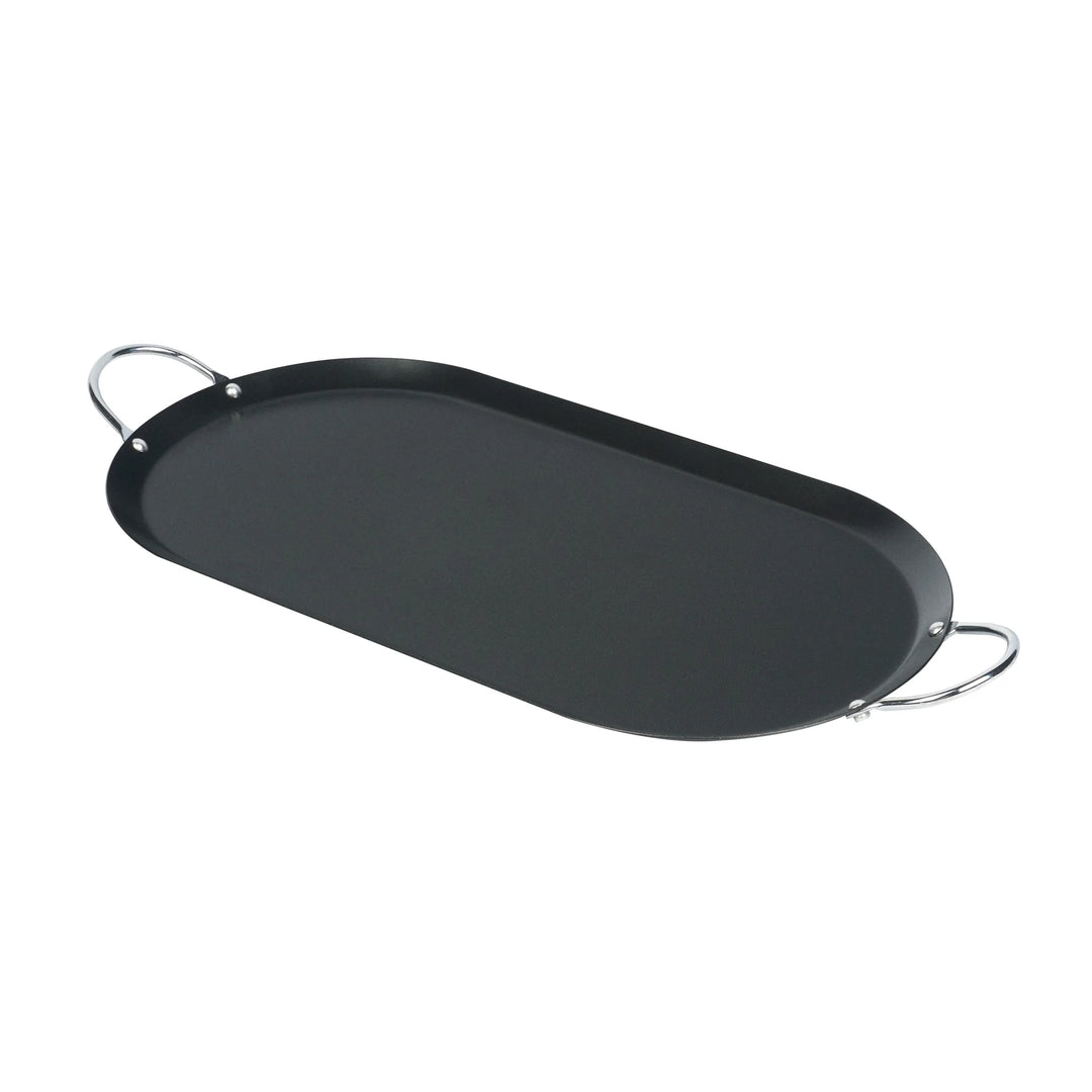 Restaurantware Met Lux 17 x 8.75 Inch Non-Stick Double-Burner Griddle, Chrome Handles, Carbon Steel, Black, Oval - Restaurant Equipment and Smallwares - Canadian Distribution