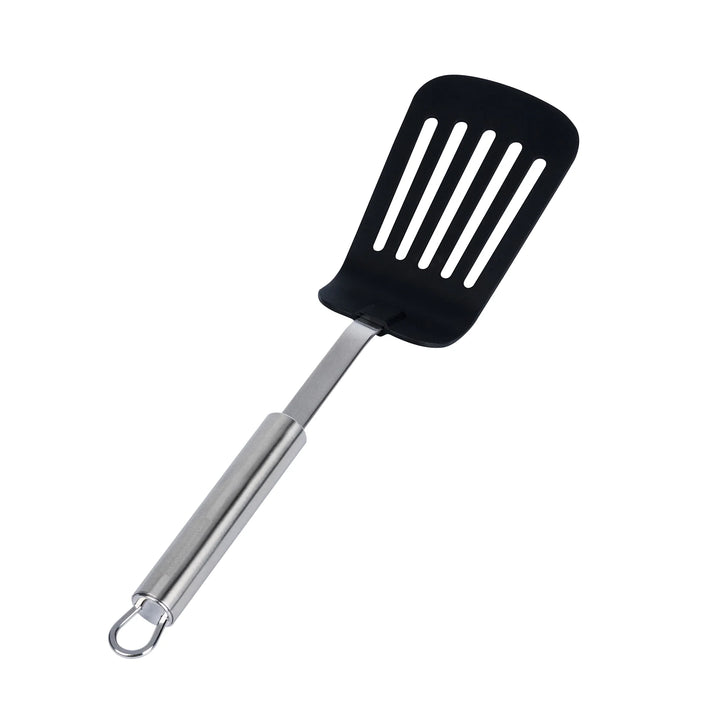 Restaurantware German Standard 12.50 Inch High-Heat Slotted Turner, Nylon, Black, Stainless Steel Handle - Restaurant Equipment and Smallwares - Canadian Distribution - Ships Free Within Canada on Orders Above CAD $199