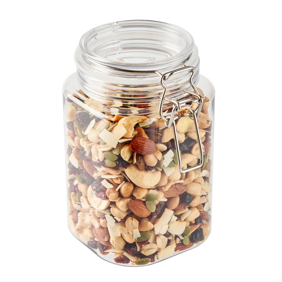 Restaurantware Met Lux 43 Ounce Plastic Storage Jars, Clear, Square, 4.25 x 4.25 x 6.75 Inch, Hinged Lid - Restaurant Equipment and Smallwares - Canadian Distribution - Ships Free Within Canada on Orders Above CAD $199