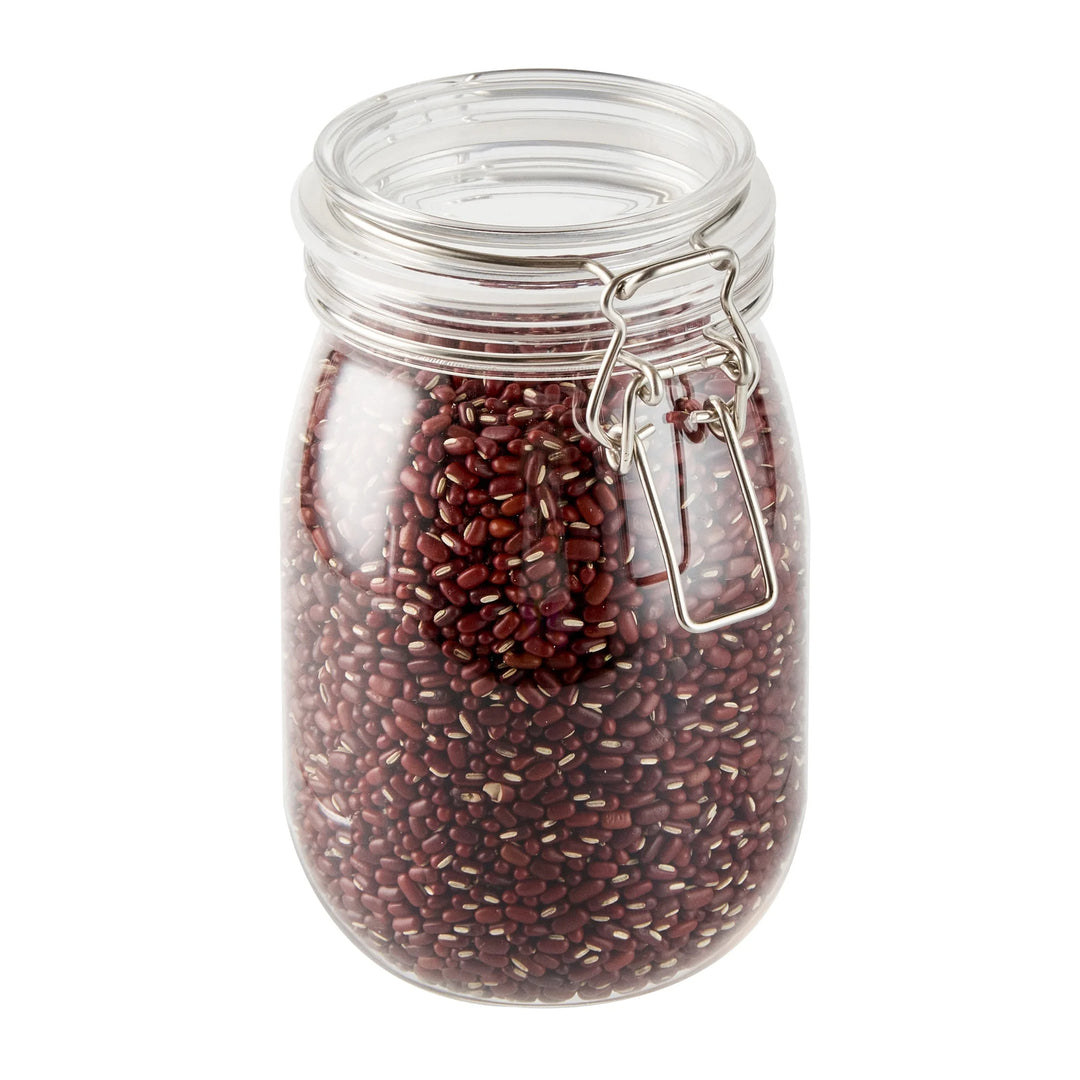 Restaurantware Met Lux 39 Ounce Plastic Storage Jars, Clear, Round, 4.25 x 4.25 x 7 Inch, Hinged Lid - Restaurant Equipment and Smallwares - Canadian Distribution - Ships Free Within Canada on Orders Above CAD $199