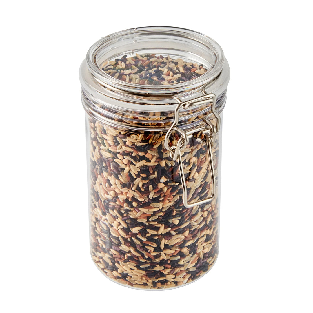 Restaurantware Met Lux 24 Ounce Plastic Storage Jars, Clear, Round, 3.5 x 3.5 x 6 Inch, Hinged Lid - Restaurant Equipment and Smallwares - Canadian Distribution - Ships Free Within Canada on Orders Above CAD $199