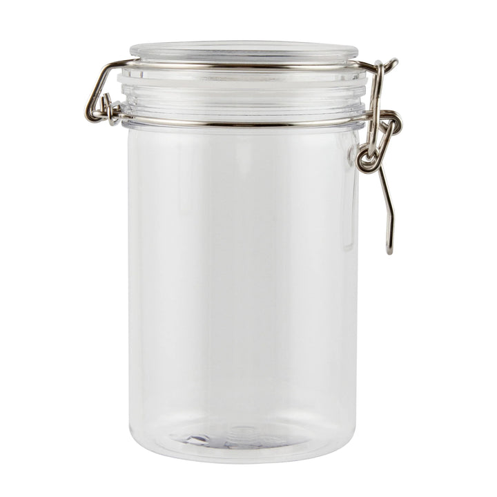 Restaurantware Met Lux 24 Ounce Plastic Storage Jars, Clear, Round, 3.5 x 3.5 x 6 Inch, Hinged Lid - Restaurant Equipment and Smallwares - Canadian Distribution
