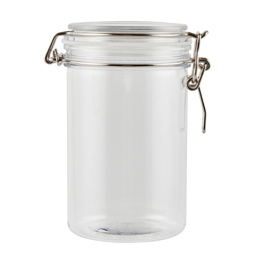 Restaurantware Met Lux 24 Ounce Plastic Storage Jars, Clear, Round, 3.5 x 3.5 x 6 Inch, Hinged Lid - Restaurant Equipment and Smallwares - Canadian Distribution