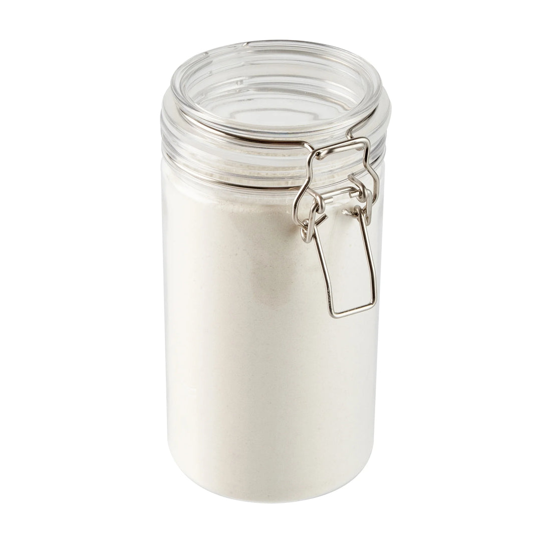 Restaurantware Met Lux 32 Ounce Plastic Storage Jars, Clear, Round, 3.75 x 3.75 x 7.25 Inch, Hinged Lid - Restaurant Equipment and Smallwares - Canadian Distribution - Ships Free Within Canada on Orders Above CAD $199
