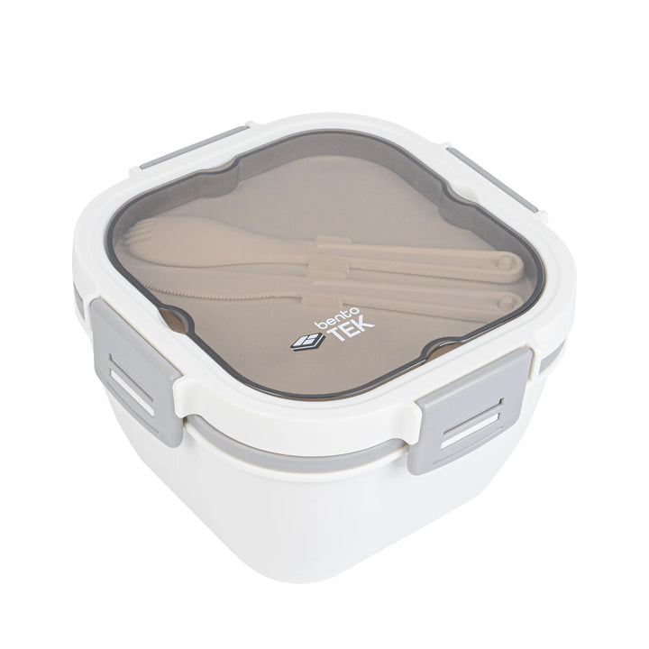 Restaurantware Bento Tek 58 Ounce Microwave-Safe Lunch Box, White & Gray, Includes Fork & Knife, 7.25 x 7.25 x 4.25 Inch - Restaurant Equipment and Smallwares - Canadian Distribution