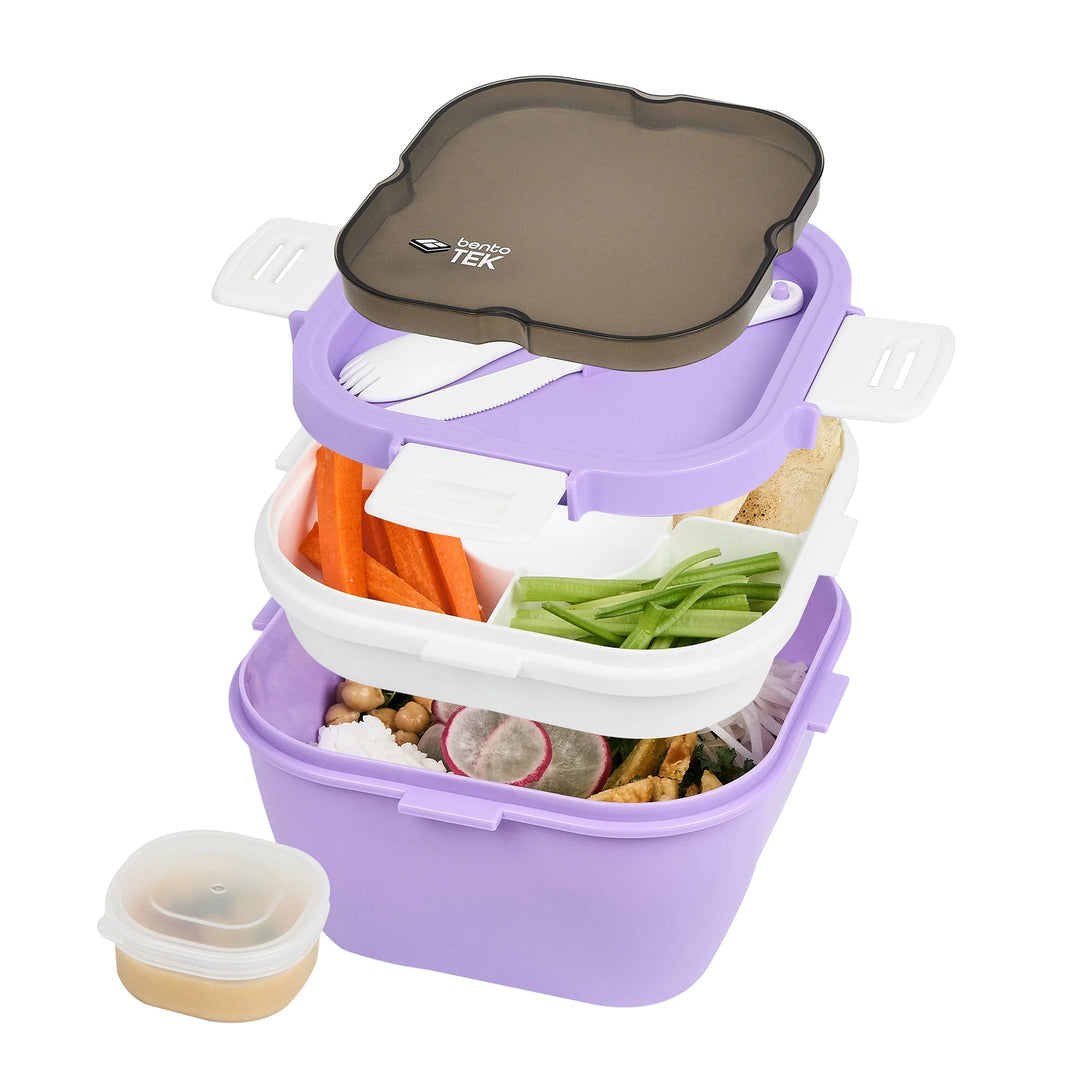 Restaurantware Bento Tek 58 Ounce Microwave-Safe Lunch Box, Purple & White, Includes Fork & Knife, 7.25 x 7.25 x 4.25 Inch - Restaurant Equipment and Smallwares - Canadian Distribution - Ships Free Within Canada on Orders Above CAD $199