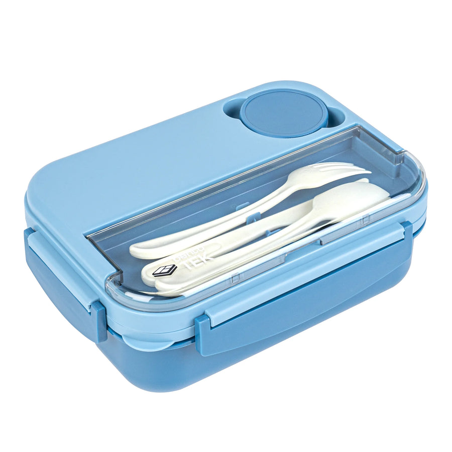 Restaurantware Bento Tek 44 Ounce Microwave-Safe Lunch Box, Blue & Yellow, Includes Utensils, 9 x 6.50 x 3.25 Inch - Restaurant Equipment and Smallwares - Canadian Distribution