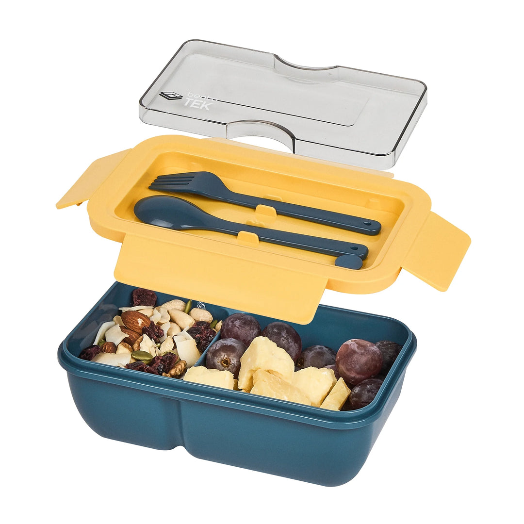 Restaurantware Bento Tek 29 Ounce Microwave-Safe Lunch Box, Blue & Yellow, Includes Fork & Spoon, 7.75 x 4.75 x 2.75 Inch - Restaurant Equipment and Smallwares - Canadian Distribution - Ships Free Within Canada on Orders Above CAD $199