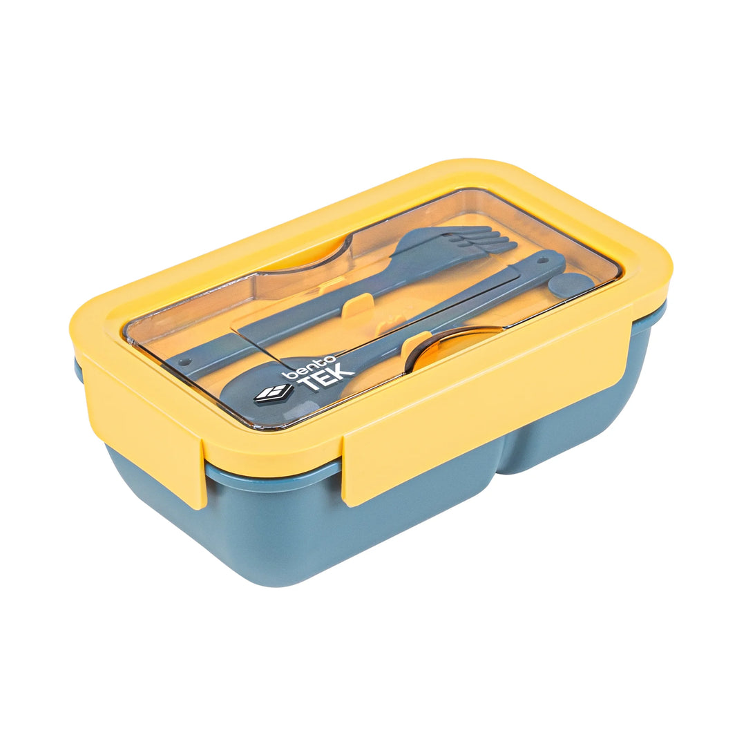 Restaurantware Bento Tek 29 Ounce Microwave-Safe Lunch Box, Blue & Yellow, Includes Fork & Spoon, 7.75 x 4.75 x 2.75 Inch - Restaurant Equipment and Smallwares - Canadian Distribution