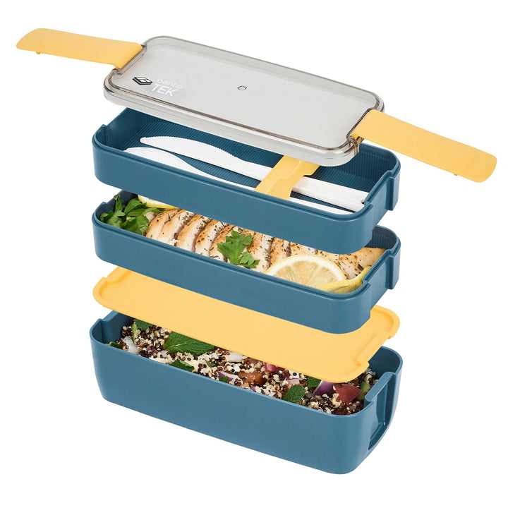 Restaurantware Bento Tek 30 Ounce Microwave-Safe Lunch Box, Blue & Yellow, Includes Fork & Knife, 7.50 x 3.25 x 4.50 Inch - Restaurant Equipment and Smallwares - Canadian Distribution - Ships Free Within Canada on Orders Above CAD $199