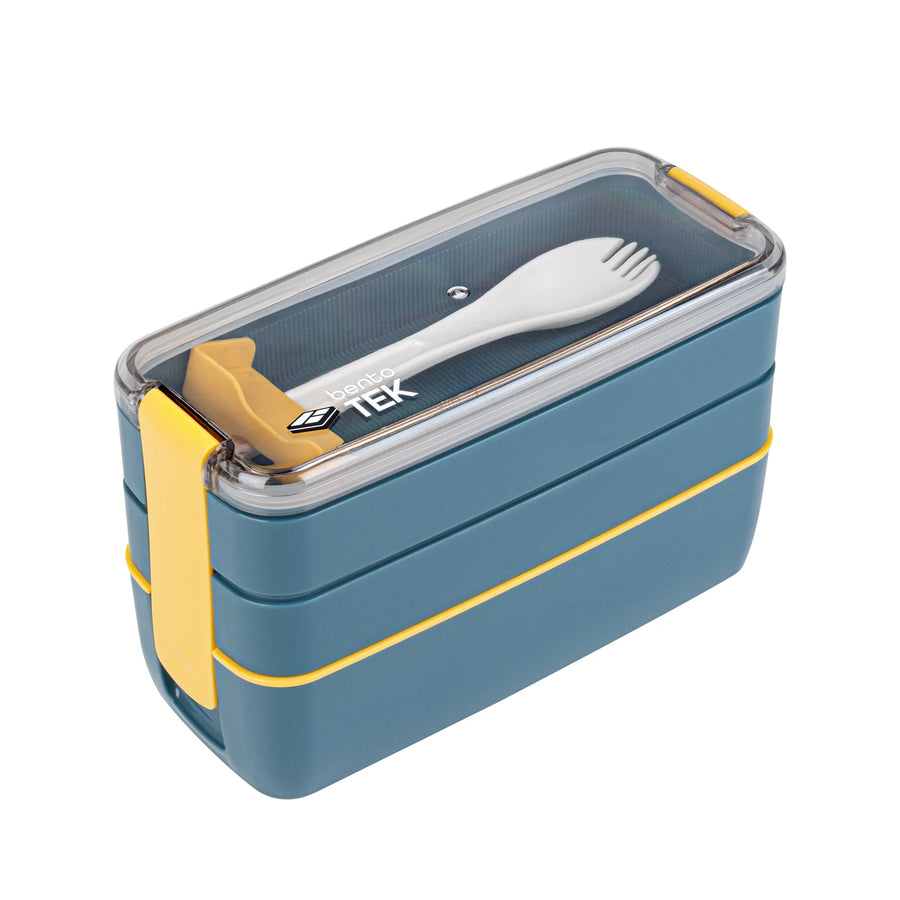 Restaurantware Bento Tek 30 Ounce Microwave-Safe Lunch Box, Blue & Yellow, Includes Fork & Knife, 7.50 x 3.25 x 4.50 Inch - Restaurant Equipment and Smallwares - Canadian Distribution