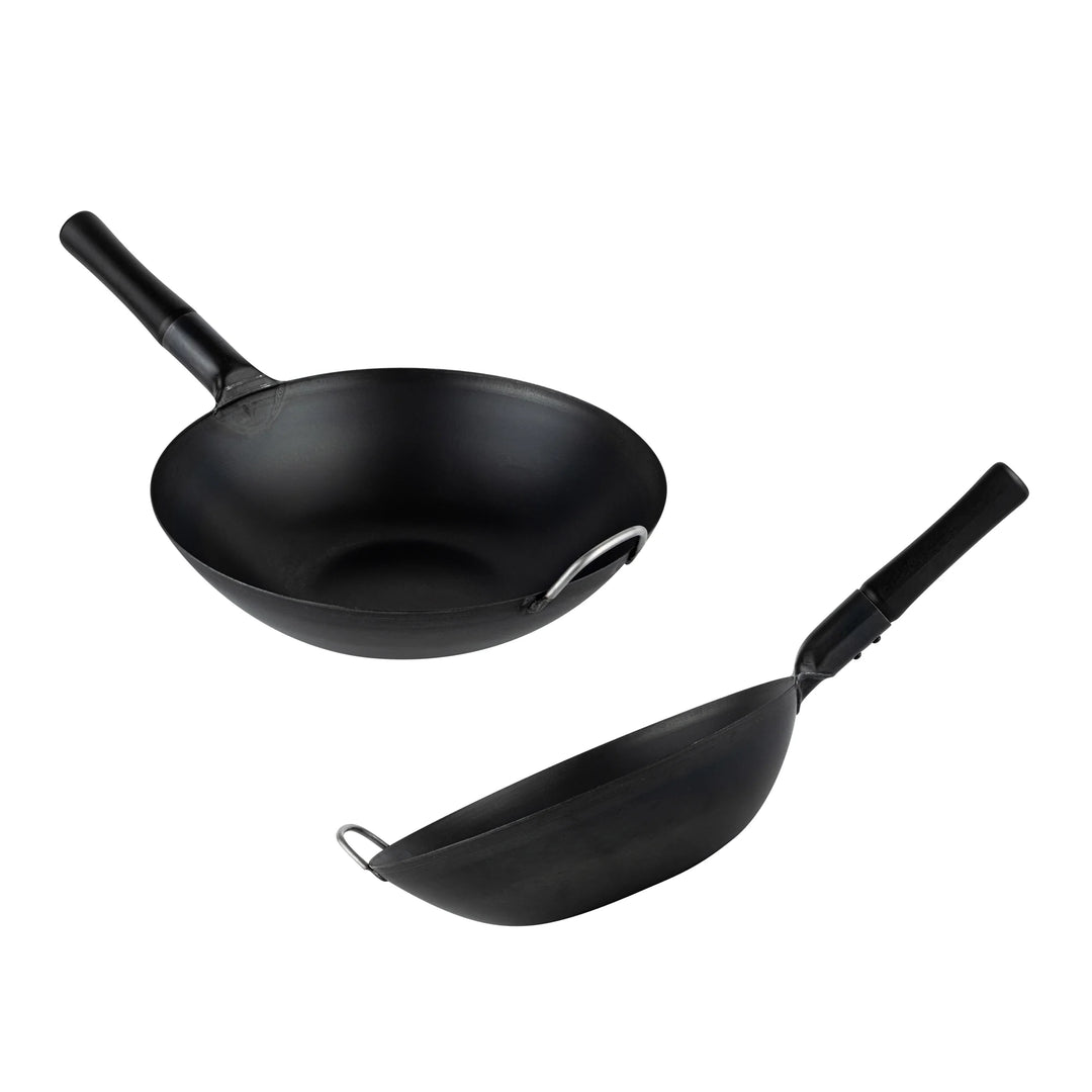 Restaurantware Motomori 14 Inch Pre-Seasoned Fry Pan, Carbon Steel, Black, Flat Bottom, Wood Handle - Restaurant Equipment and Smallwares - Canadian Distribution - Ships Free Within Canada on Orders Above CAD $199