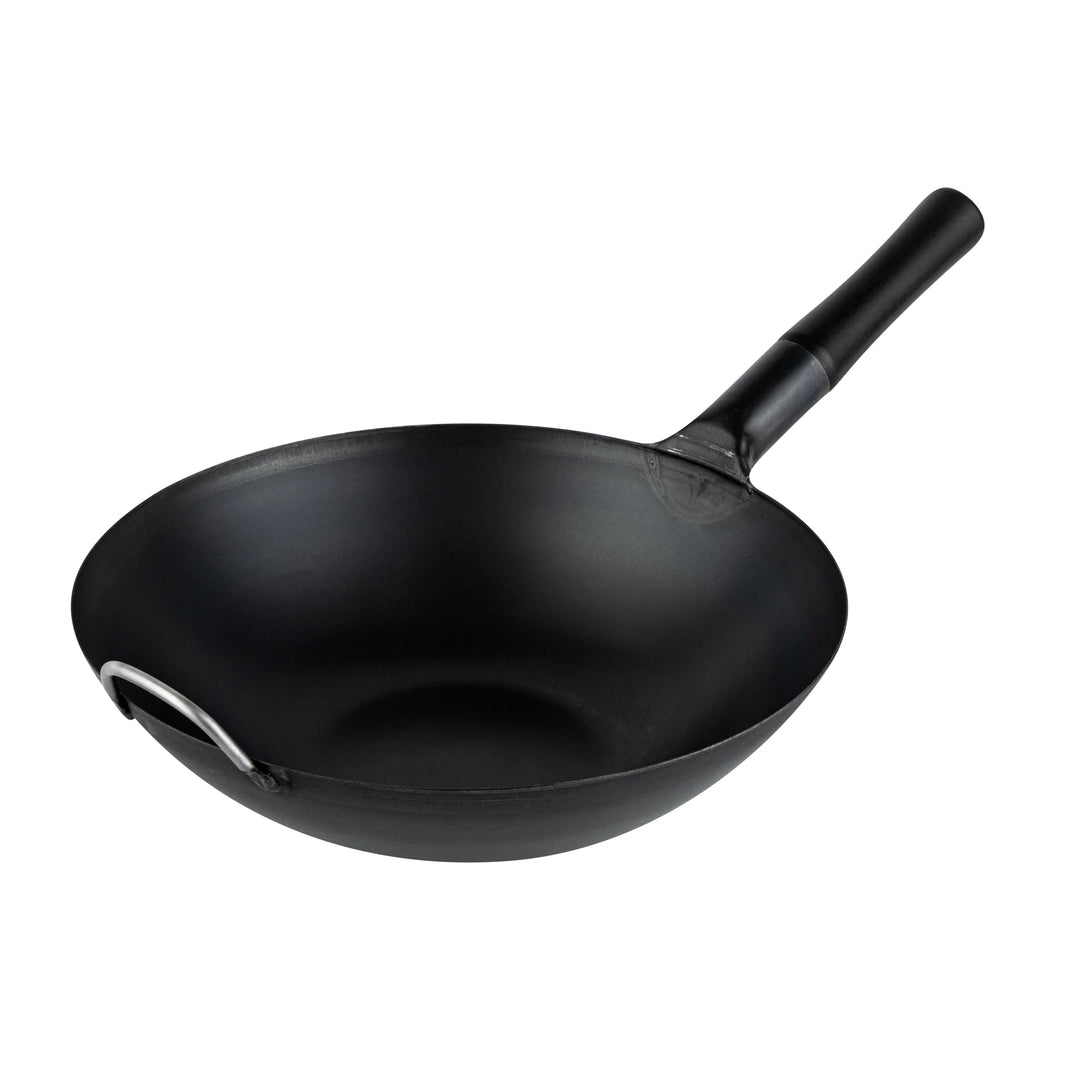 Restaurantware Motomori 14 Inch Pre-Seasoned Fry Pan, Carbon Steel, Black, Flat Bottom, Wood Handle - Restaurant Equipment and Smallwares - Canadian Distribution
