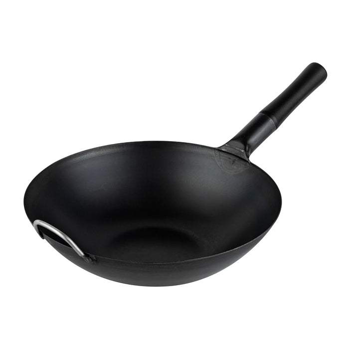 Restaurantware Motomori 14 Inch Pre-Seasoned Fry Pan, Carbon Steel, Black, Flat Bottom, Wood Handle - Restaurant Equipment and Smallwares - Canadian Distribution