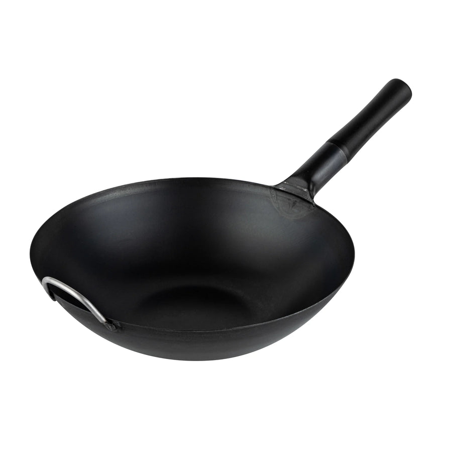Restaurantware Motomori 14 Inch Pre-Seasoned Fry Pan, Carbon Steel, Black, Flat Bottom, Wood Handle - Restaurant Equipment and Smallwares - Canadian Distribution