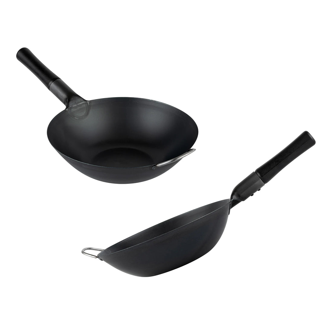 Restaurantware Motomori 12 Inch Pre-Seasoned Fry Pan, Carbon Steel, Black, Flat Bottom, Wood Handle - Restaurant Equipment and Smallwares - Canadian Distribution - Ships Free Within Canada on Orders Above CAD $199