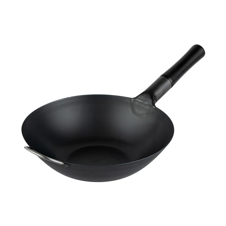 Restaurantware Motomori 12 Inch Pre-Seasoned Fry Pan, Carbon Steel, Black, Flat Bottom, Wood Handle - Restaurant Equipment and Smallwares - Canadian Distribution